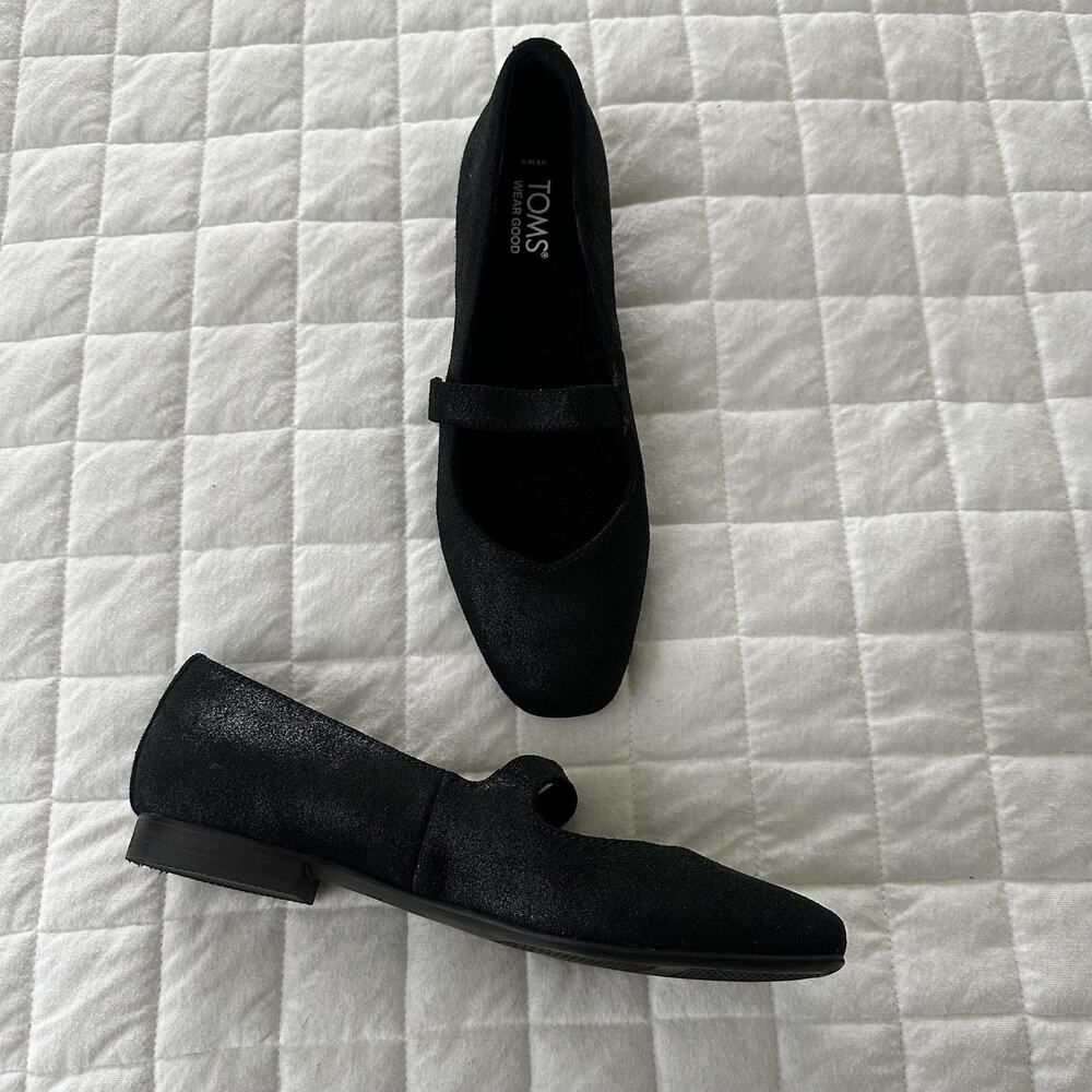 Toms Shoes Womens 8 Black Metallic Bianca Leather Mary Jane Flats Minimalist